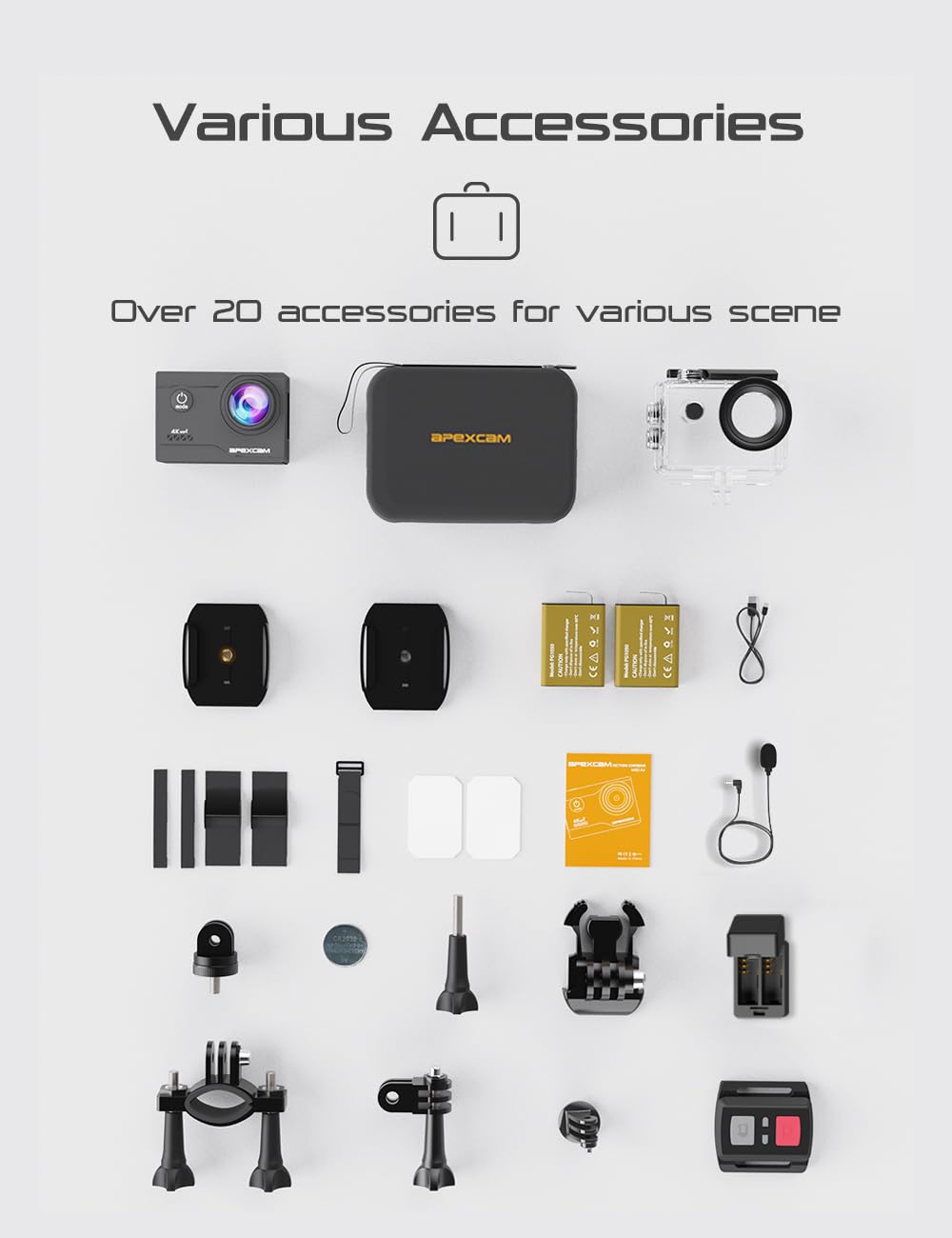 Apexcam M80Air Action Cam 4K30FPS 20MP WiFi Sports Camera Underwater Camera 40m Waterproof 170° Wide Angle 2.4G Remote Control 2x1050mAh Batteries with Accessory Set.