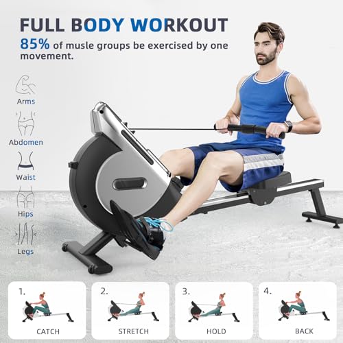 Neezee rowing machine with 16-level magnetic resistance, super silent rowing machine with LCD display, aluminum slide rail and tablet holder, improved rowing machine for home, silver.