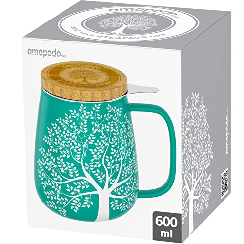 amapodo tea cup with lid and infuser - 600ml porcelain tea mug large - jumbo cup - XXL tea cup set turquoise - plastic-free