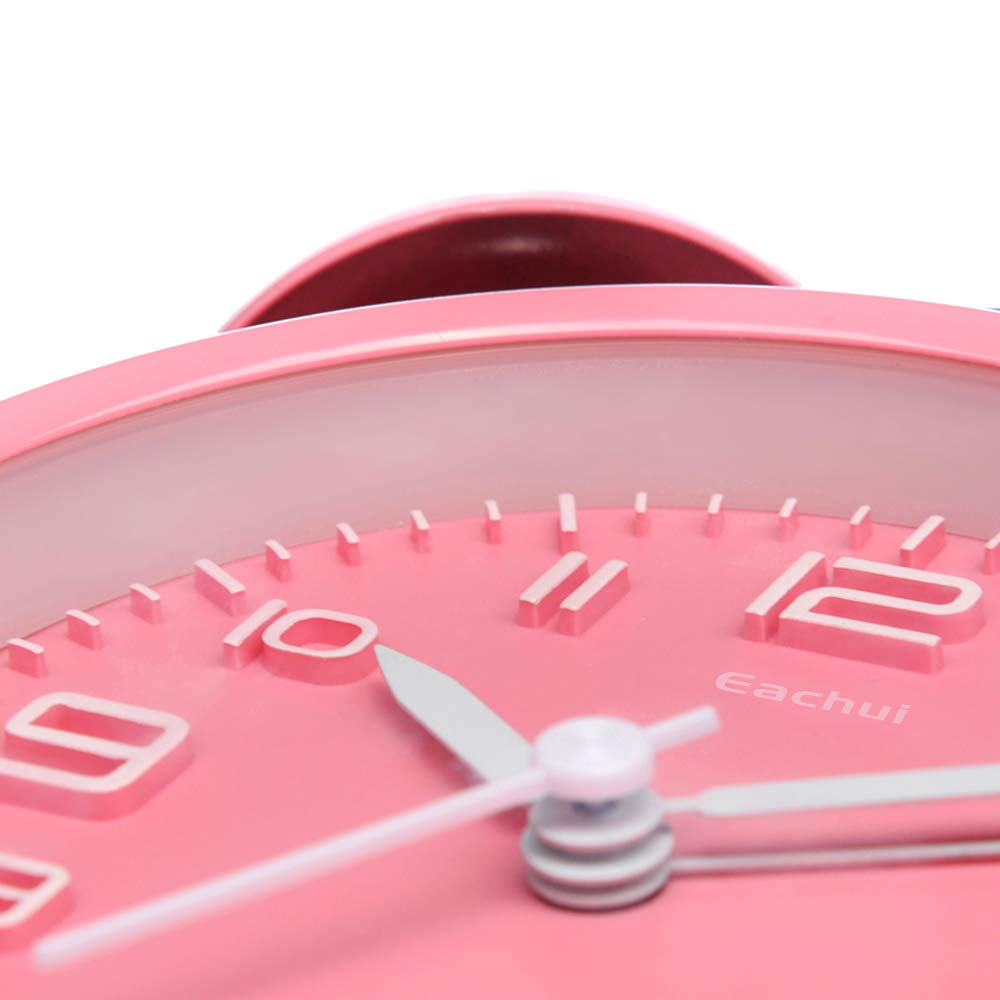 Eachui double bell alarm clock with night light, large 4-inch dial, analog quartz alarm with loud sound, no ticking, silent, battery operated kids alarm clock (pink)