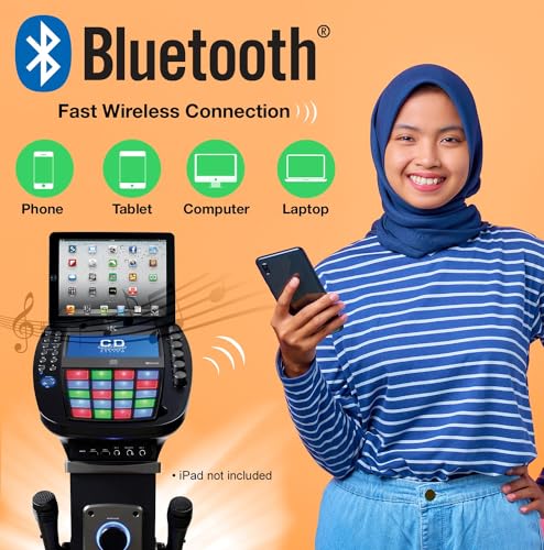 KARAOKE Easy Bluetooth System with Speaker Stand - Professional CDG system with 6 speakers, LED disco lights, 7-inch color TFT screen + 2 microphones