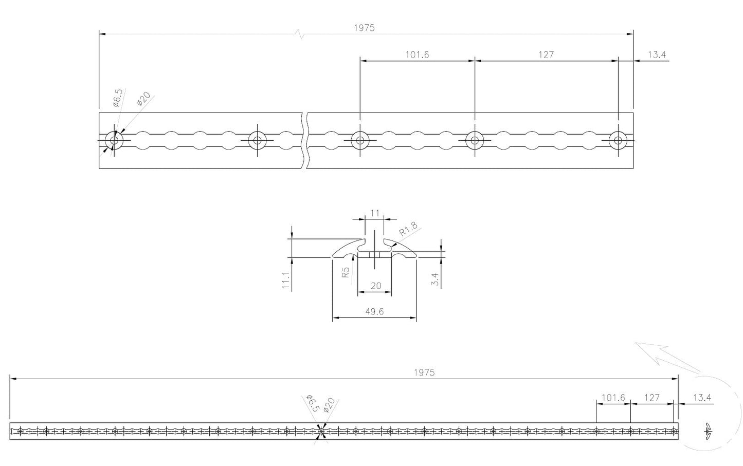 6X 2.0 meter (1975mm) aluminum airline rail half-round profile suitable for trailers, cars, trucks, campers, motorhomes, workshops, and more.