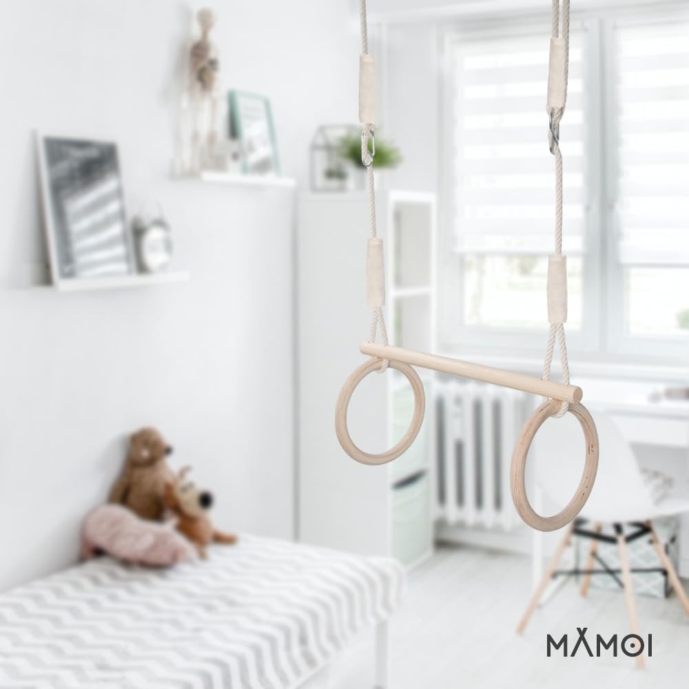 MAMOI® Trapeze swing, wooden gymnastic rings, kids' indoor and outdoor exercise equipment, ring swing, wooden swing gymnastics, gymnastic rings and trapeze bar.