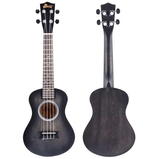Winzz 23" Ukulele Concert Beginner Set for Kids Adults, Unique Color Design, with Bag, Tuner, Extra Strings, Strap, Music Note Stickers (Black)