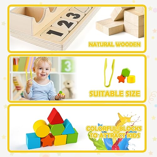 Joyreal Montessori Toy Sorting Game Counting Stacking Toy Wooden Learning Toy Shape Matching Game Gift for Kids Girls Boys 3 4 5 Years