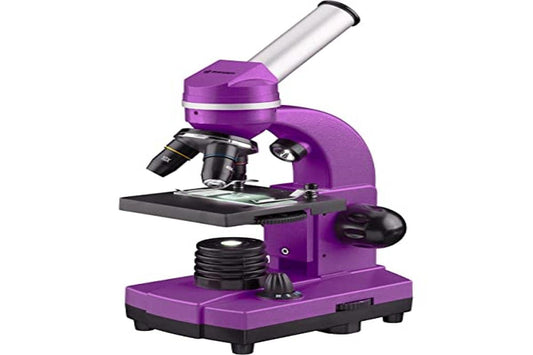 Bresser Junior Student Microscope BIOLUX SEL with smartphone holder in violet & Bresser Junior Experiment Kit for microscopy beginners with slides, magnifying glass, and microscope tools.