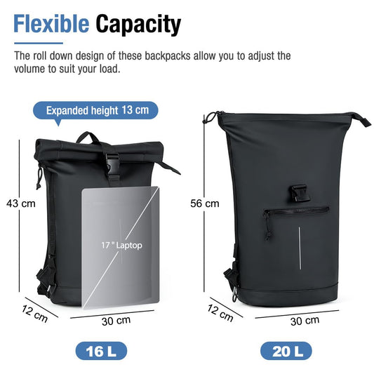 Lekeinchi Rolltop Backpack Waterproof for Women & Men, Large Laptop Backpack with Computer Compartment for 17 Inch Laptop, Stylish Travel Daypack for Travel, Cycling, University School--Black