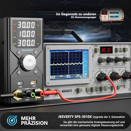 Jesverty Lab Power Supply 0-30V 0-10A, adjustable DC regulated bench power supply with encoder knob, USB-A and USB-C fast charging, 4-digit LED display, preset memory - SPS-3010X