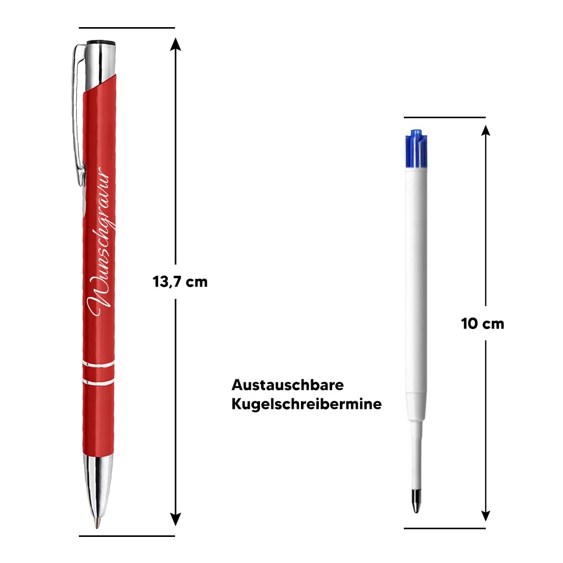 Polar effect 20 red metal pens with engraving - great birthday gift idea - promotional item - refillable jumbo ink cartridge - blue ink.