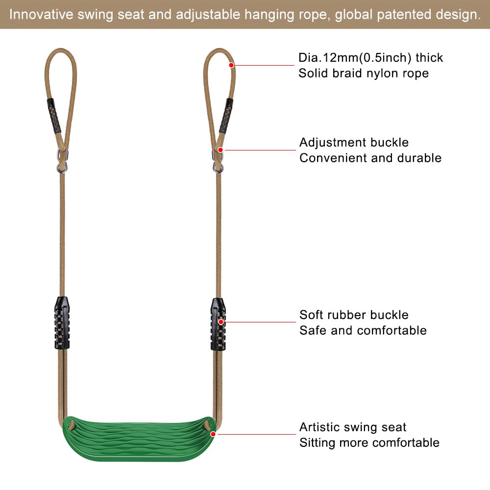BeneLabel Non-Slip Swing Seat with Adjustable Rope and Carabiners - Heavy Duty Playground Swing Set Accessories for Kids and Adults - 220LB Capacity-Green