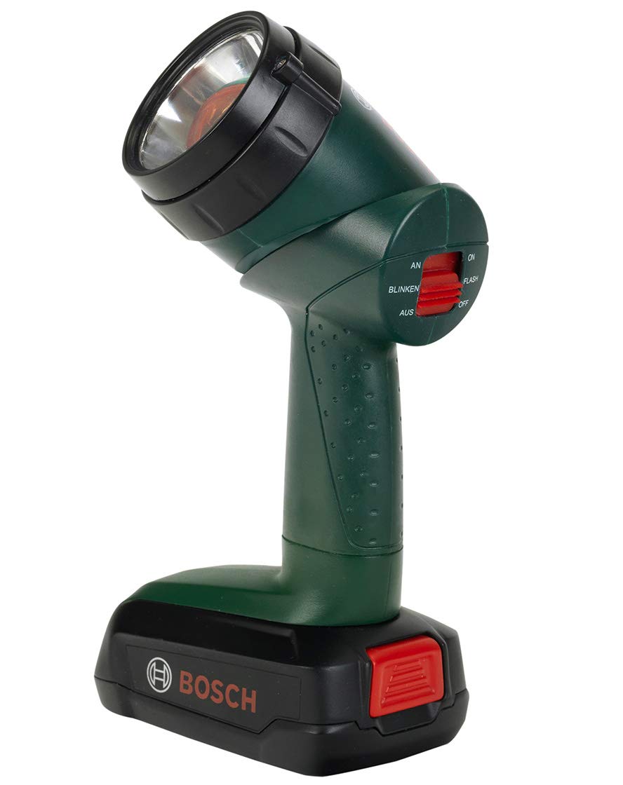 Theo Klein 8399 Bosch Chainsaw I Realistic, child-sized replica I 13 cm x 39.5 cm x 14 cm & Bosch Battery-Powered Lamp I Lamp that rotates 90 degrees I 9.5 cm x 6.4 cm x 18 cm