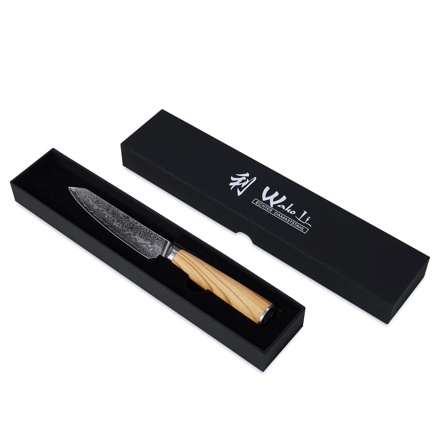 Wakoli Oribu Damascus Kitchen Knife Full Tang with 12.5 cm Blade - Herb knife made of 67 layers of Damascus steel with VG-10 core, knife with olive wood handle in gift box - Knife sharp chef's knife