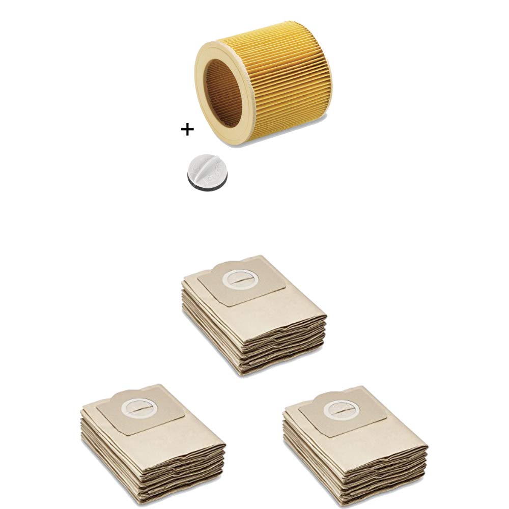 Paper filter bags like 6.959-130.0 + paper cartridge filter like 6.414-552.0 & closure like 4.075-012.0 suitable for KÄRCHER WD2, WD3, MV2, MV3, A2054, A2201, etc. (15 bags & 1 cartridge filter)