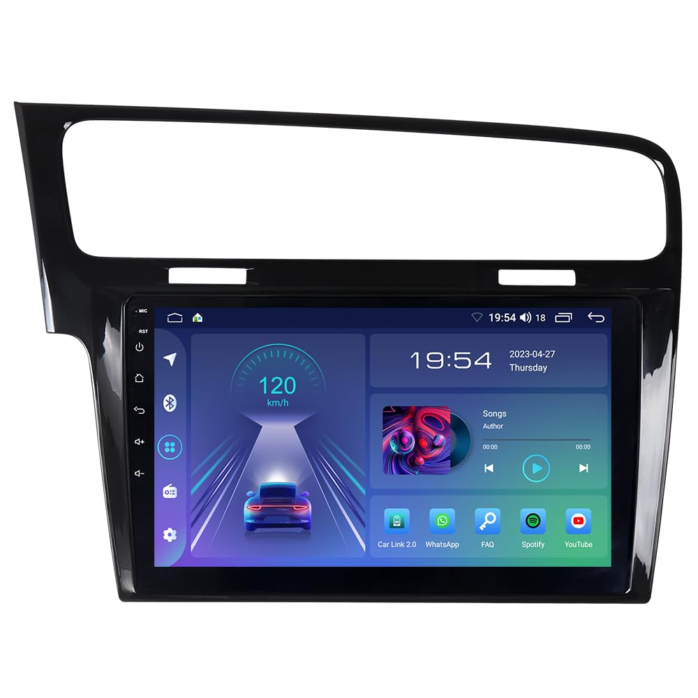 JUNHUA Android 12 car stereo GPS navigation for VW Golf 7 MK7, with 2GB RAM+32GB ROM, 10.1" display, 1280x800 resolution. Supports Wireless Carplay, Android Auto, WiFi, Bluetooth 5.1.