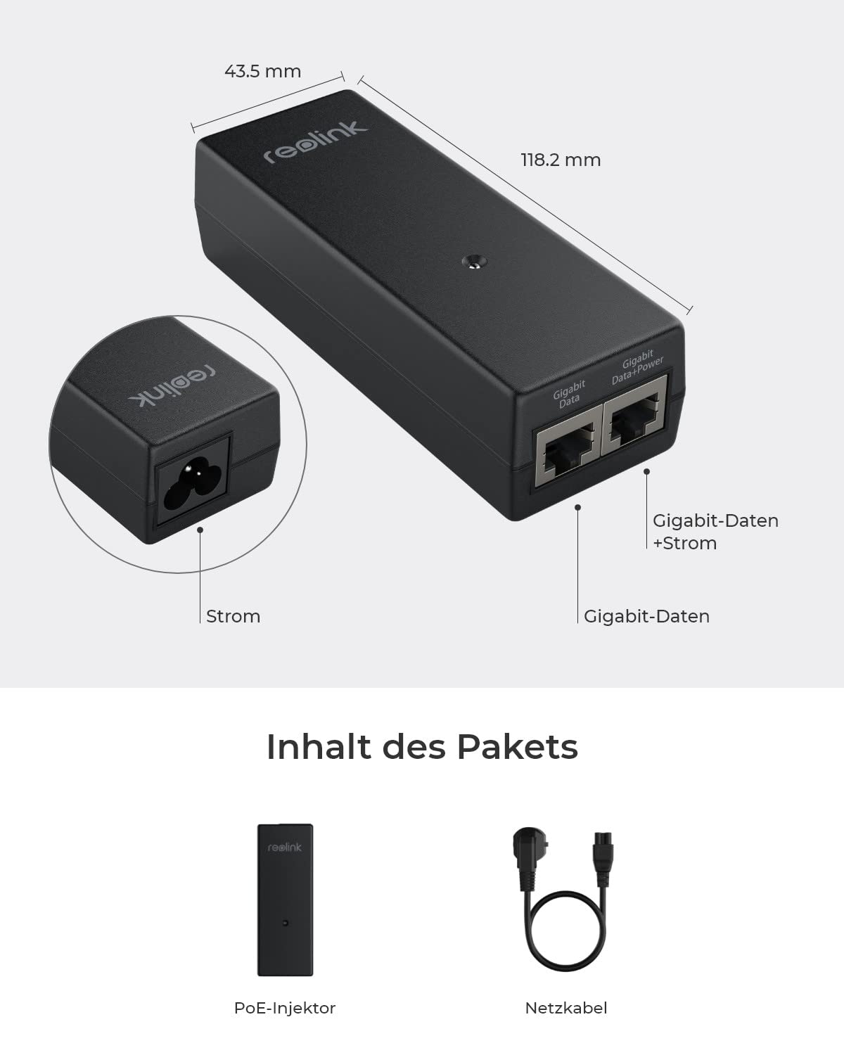 Reolink Gigabit PoE Injector, provides PoE+ 30W or PoE 15.4W, distance up to 100m, Plug & Play, suitable for PoE cameras/video doorbells.