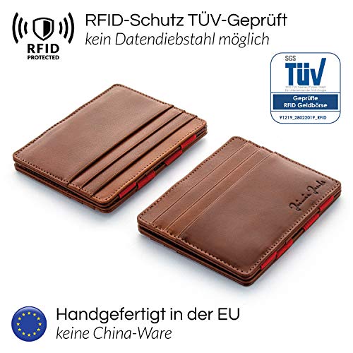 Jaimie Jacobs Flap Boy Slim without coin compartment Magic Wallet integrated RFID protection Magic wallet genuine leather (Dark brown with red)