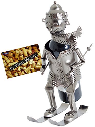 BRUBAKER Bottle Holder Skier with Scarf and Beanie - Metal Wine Bottle Holder - Silver Bottle Stand with Gift Card - Decorative Object for Wine Gifts