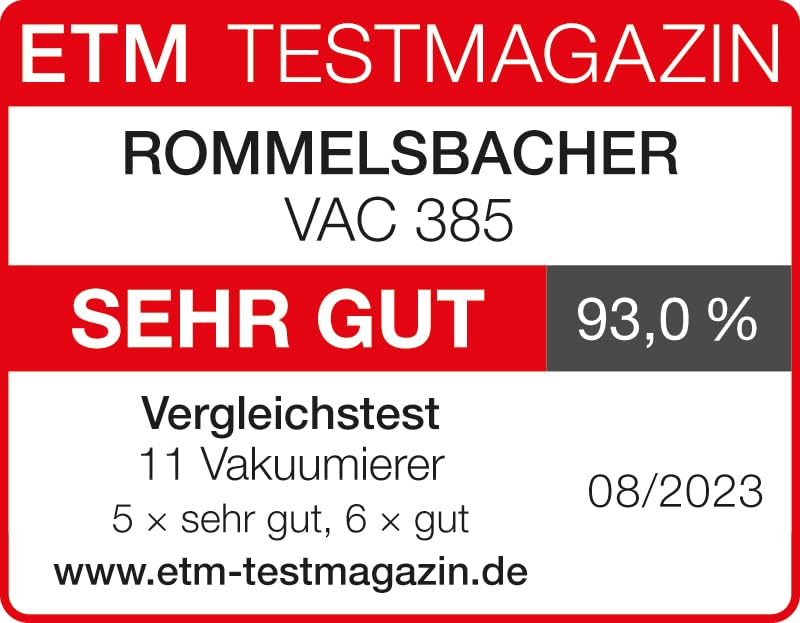 ROMMELSBACHER vacuum sealer VAC 385, 12 liters/minute, one-hand operation, roll storage, strong sealing seam, hose connection for containers, automatic & manual vacuuming and sealing, stainless steel
