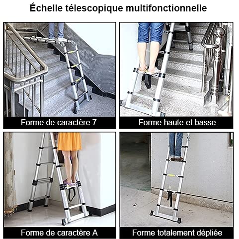 Meditool 5M Aluminum Telescoping Ladder Folding Extendable Multipurpose Ladder Leaning Ladder made of high-quality aluminum telescopic design 150 kg capacity, 8X8 rungs, Silver/Black
