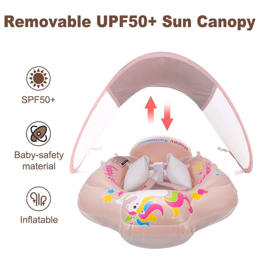 TUIBEIDAMAI Baby Swim Ring with Sunshade Removable, Swim Ring with Sun Protection Adjustable Shoulder Straps, Inflatable Swim Ring, Baby Float Swim Ring for 3-36 Months (Pink)