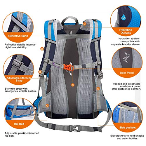 MOUNTAINTOP 40L hiking backpack with rain cover for backpacking, camping, cycling, and travel.