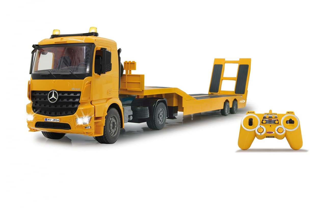 Jamara 405107 - Low loader Mercedes Arocs 1:20 2.4GHz - Coupling and uncoupling low loader, low loader support + ramp up/down, horn, reverse alarm sound, realistic engine sound, 2 speed levels, Yellow