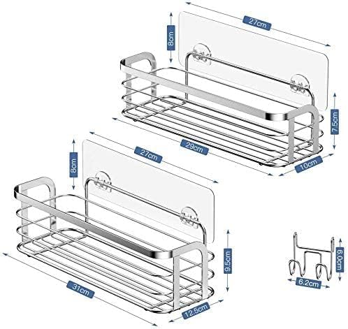 Avoalre Stainless Steel Shower Caddy without Drilling, Shower Basket with Strong Adhesive, 2 Pack Easy Shower Shelf with 1 Removable Suction Cup Hook.