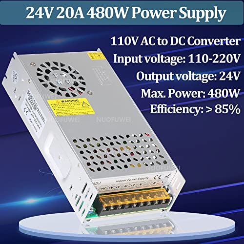 Transformer DC 24V 20A 480W Power Supply Switching Power Supply 230V AC to DC Power Supply 24Volt 20A Transformer Industrial Adapter for LED strip light CCTV camera Radio SMPS 110V/220V (2023 Upgraded)