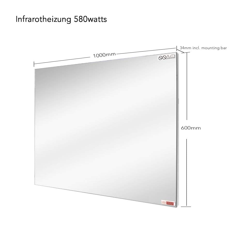 byecold Infrared Heater Mirror 580W Wall Mounted with LED (100x60cm), Mirror Heating Electric Infrared, Electric Bathroom Mirror Heater, Fog-Free Bathroom Mirror with Overheat Protection Heating Plate