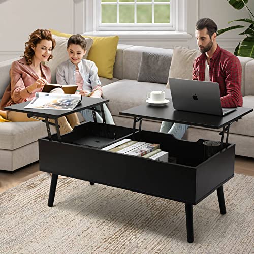 VOWNER coffee table, adjustable height, extendable, retractable, separate hidden storage compartment, double lift top, living room table, black walnut color.