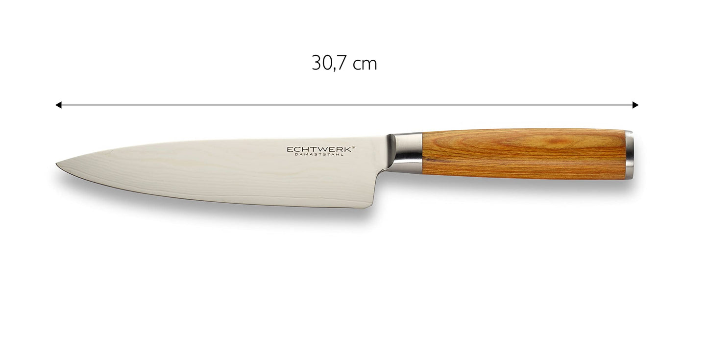 3-piece Genuine Damascus Knife Set, Kitchen/Chef's Knife, Serrated Bread Knife, Paring/Vegetable Knife, Damascus Steel, ergonomic Pakka Wood handles, Brown/Silver, Storage Box included.