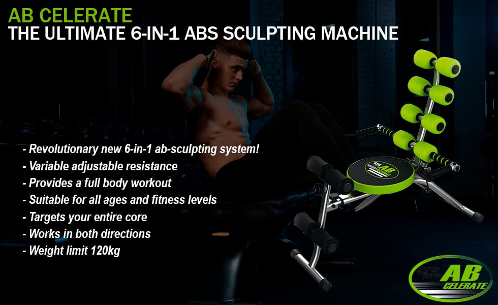 Abdominal trainer equipment for full-body workout, Gymform Ab Celerate, suitable for all ages up to 120 kg, 6 exercises target your entire core + cardiovascular training.