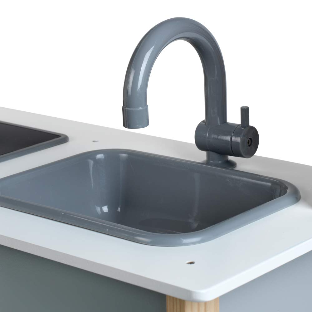 Theo Klein 7199 Miele Kitchen, White wooden kitchen including stove with sound and light, high-quality kitchen accessories made of stainless steel (not heatable) and wood, toy for children ages 3 and up.