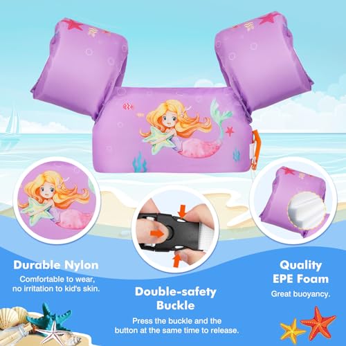MoKo Kids Arm Floaties, Cartoon Floating Swimsuit Swim Training Jacket with Buckle for Boys Girls, 20 to 50 lbs - Purple & Star Mermaid