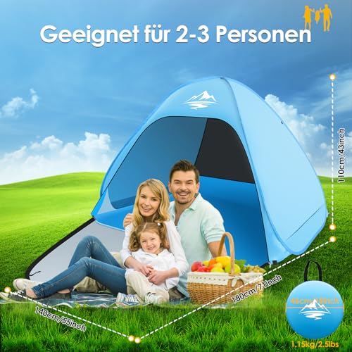 MAXDONE Pop Up Beach Tent, Automatic Beach Shelter for 2-3 people, Portable Extra Light, UV Protection, Beach Tent for Family Beach Garden Camping (Blue)