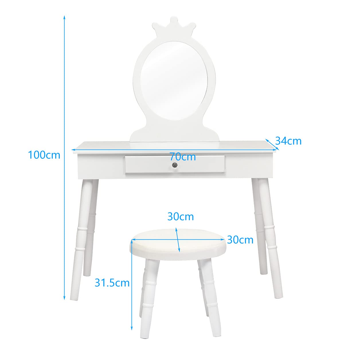 GOPLUS Kids Vanity Set with Stool, Girls Dressing Table with Mirror, Children's Cosmetic Table with Drawer, Wooden Makeup Dresser for Kids' Room (White)