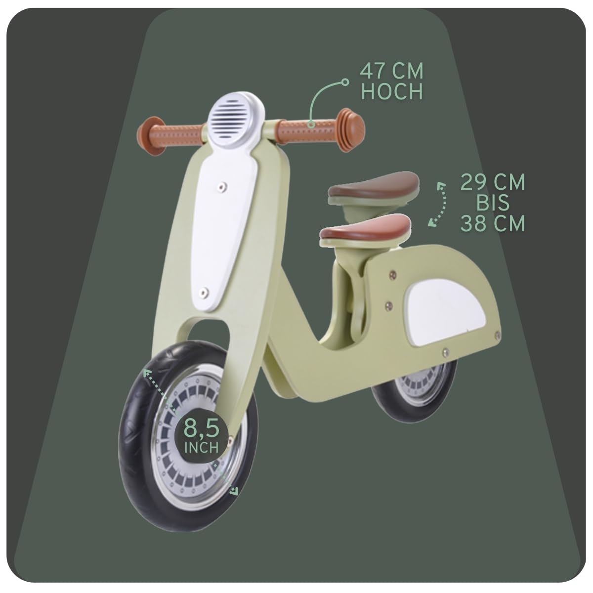 Bandits & Angels Italian Rider Balance Bike Wood Green from 2 years - For boys and girls - Green wooden balance bike - Ride-on retro scooter - Two-wheeler - Quiet wheels - Adjustable seat