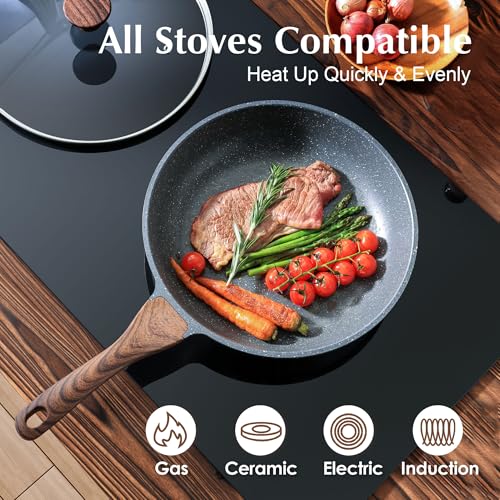 Sensarte skillet, non-stick coating, Swiss granite coating, omelette pan, healthy stone cookware, PFOA-free, 8", 11", 13" + glass lid + turner