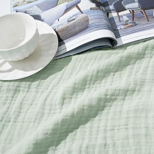 100% cotton muslin blanket 130x150cm, 4-layer soft skin-friendly & breathable bedspread, year-round comfort sage green sofa throw couch cover for bed sofa, Matcha green