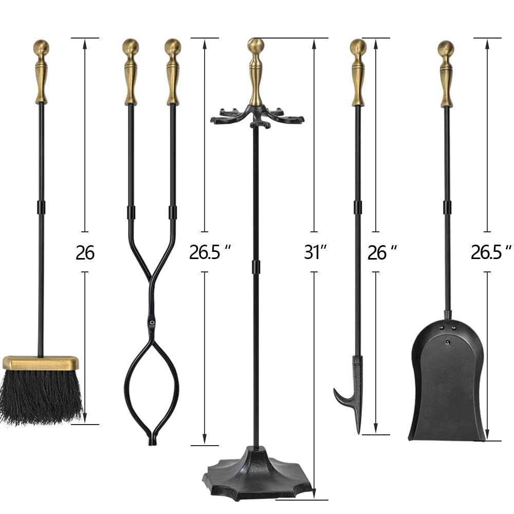 AMAGABELI 26.5" 5-piece Fireplace Tool Set with Wrought Iron and Inner Decoration Fireplace Accessories Firewood Stand Tongs Shovel Brush Poker Gold.