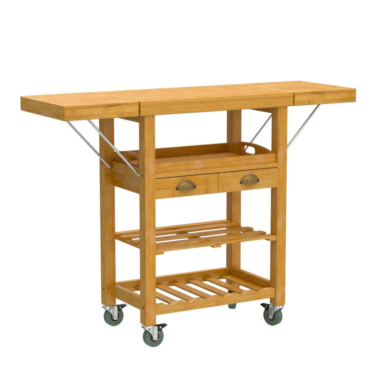 SoBuy bamboo kitchen trolley with wheels - kitchen cart with worktop, wooden side table with foldable shelf, kitchen trolley - ideal as a kitchen island in industrial design 135x92x37cm FKW25-N.