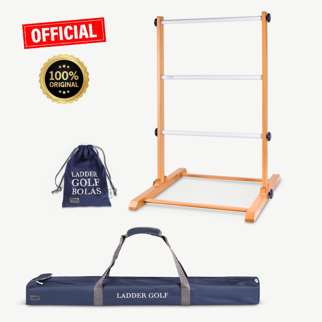 New for 2024, Ubergames upgrades Ladder Golf game with pro set, real golf balls, solid wood construction, strong & stable (Black/White).
