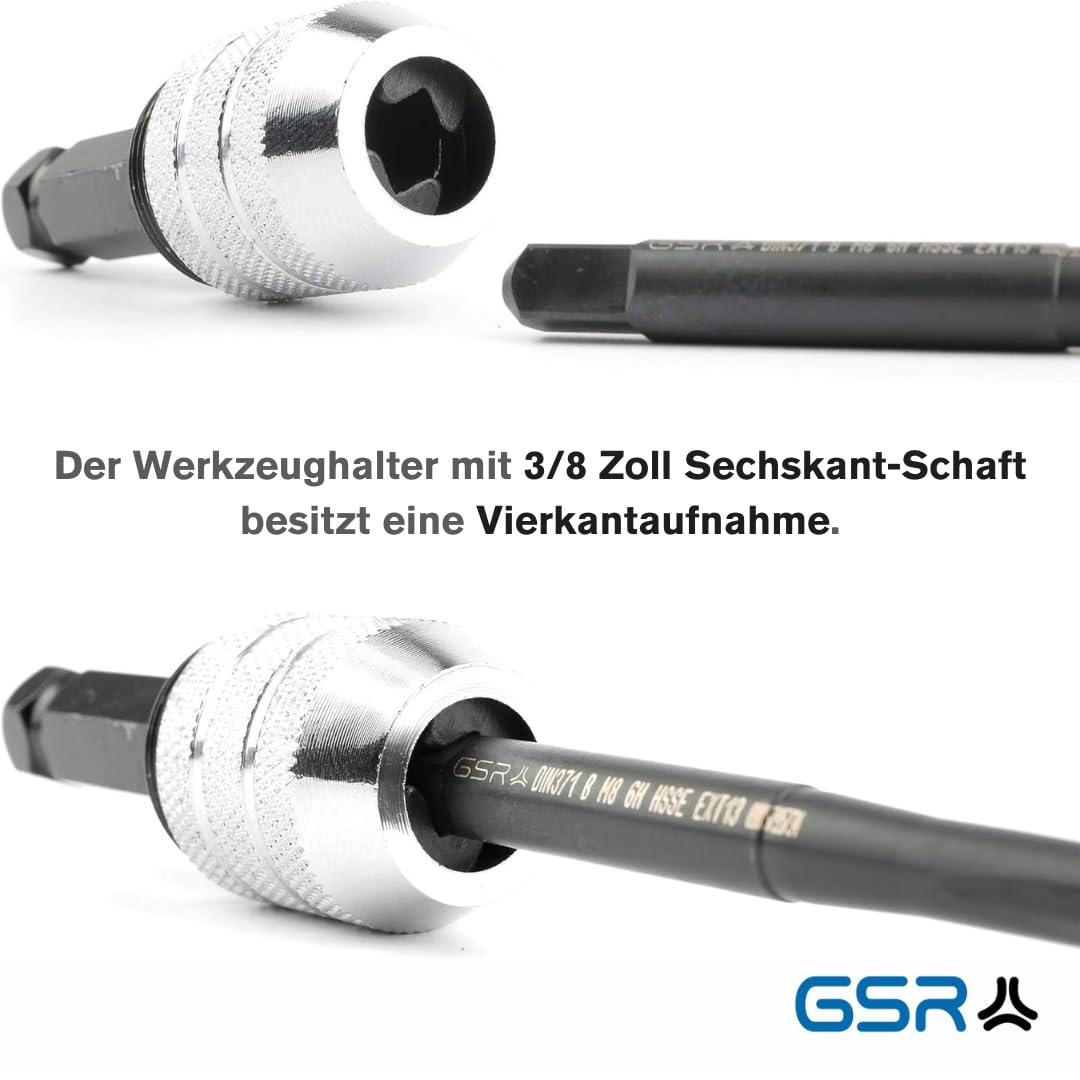 GSR Thread Cutting Adapter M5-M12 | Tool holder with 3/8" hexagon shank & square drive | For all common cordless drill/drivers | Clamping range 5-9mm | Accessories for manual tap wrenches