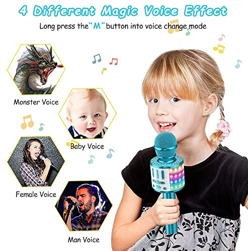 Microphone Karaoke 3-15 years, Portable Bluetooth handheld microphone with LED light, Bluetooth karaoke for kids and adults, girls boys gifts, Home KTV compatible Android IOS PC - Blu