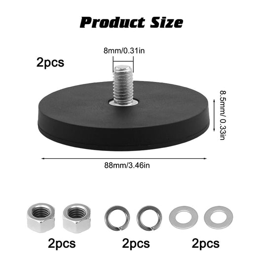 2 pieces Neodymium Magnets Rubber Coated, Ø 88mm Rubber Round Magnets, Flat Grip Magnet, Disc Pot Magnet with M8 External Thread, 55kgs Holding Capacity, for Light Strips, Rubber Round Magnets with Thread.