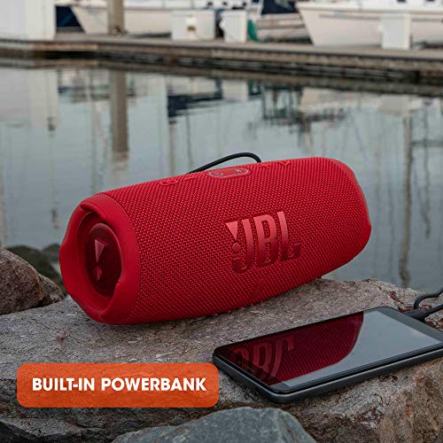 JBL Charge 5 Bluetooth speaker in black - Waterproof, portable boombox with built-in power bank - One charge for up to 20 hours of wireless music enjoyment.