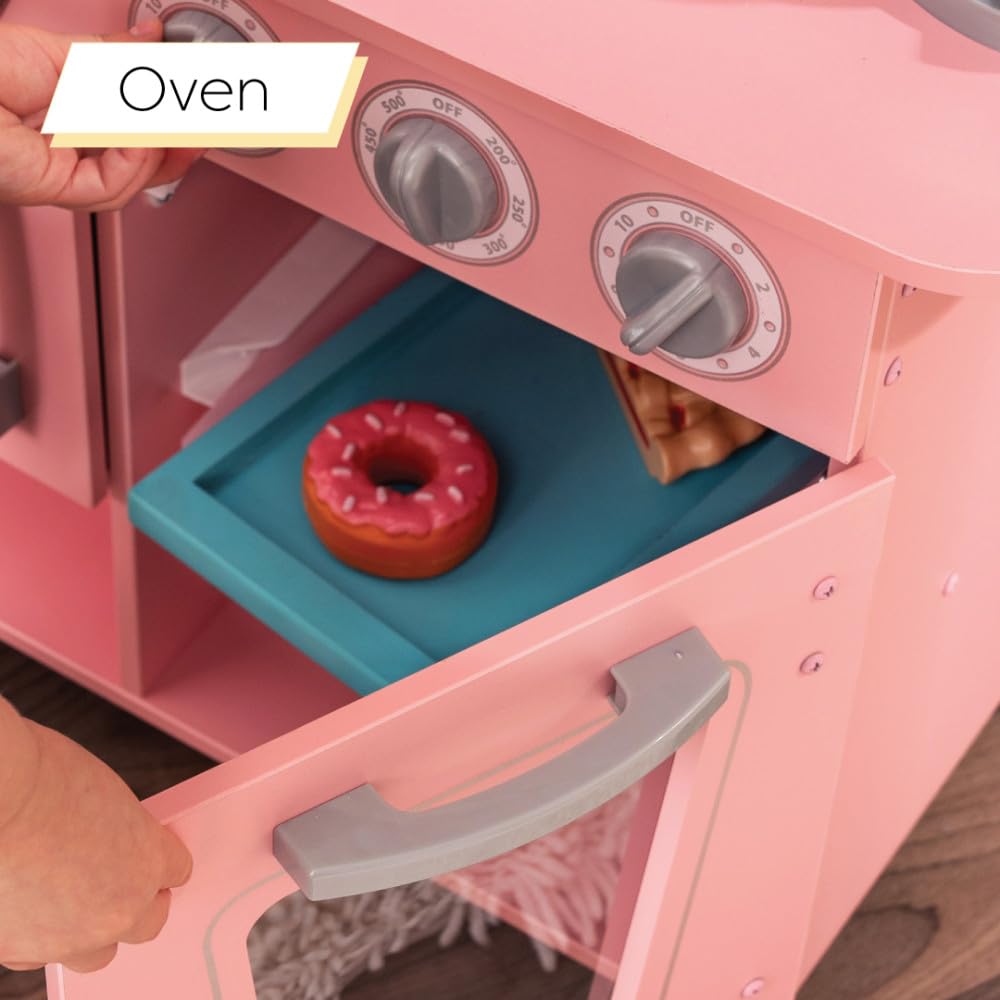 KidKraft Pink Vintage Wooden Play Kitchen with Kids Phone, Children's Kitchen with Retro Refrigerator, Toy for 3 years and older, 53179