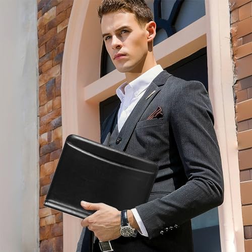 Leathario A4 conference folder, zippered padfolio, document organizer, portfolio, writing pad, black.