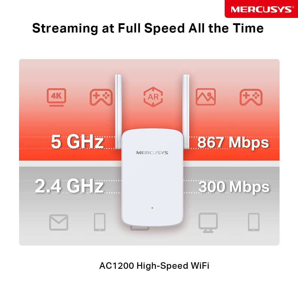 Mercusys ME30 WiFi Extender Repeater AC1200 (867Mbps 5GHz + 300Mbps 2.4GHz, WiFi Repeater, App Control, Signal Strength Indicator, compatible with all WiFi devices, AP Mode)
