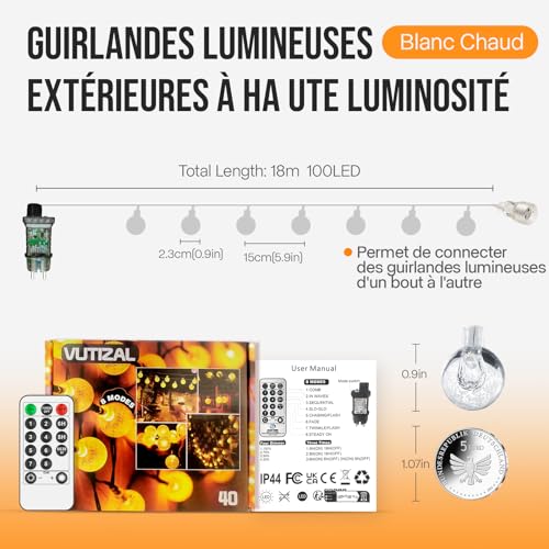 vutizal Indoor Christmas Tree Lights with Plug - 18M 100 LED Ball String Lights with 8 Modes IP44 Waterproof, LED String Lights for Indoor and Outdoor, Perfect for Christmas decorations, Kids room, Balcony